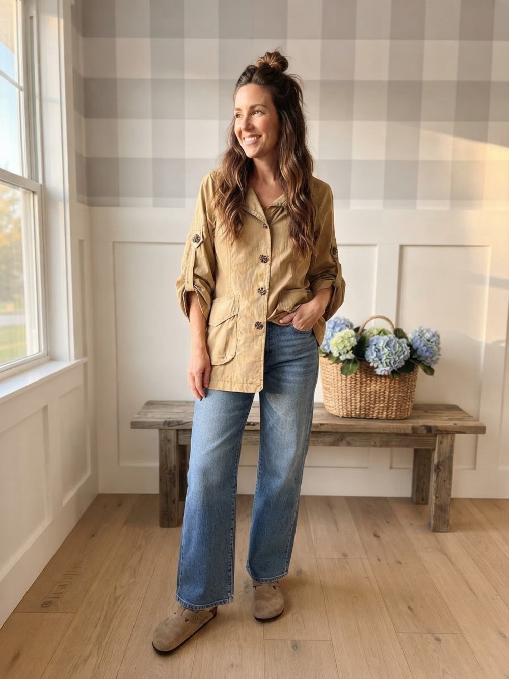 Casual Tan Utility Jacket with Roll-Tab Sleeves for Women Medium
